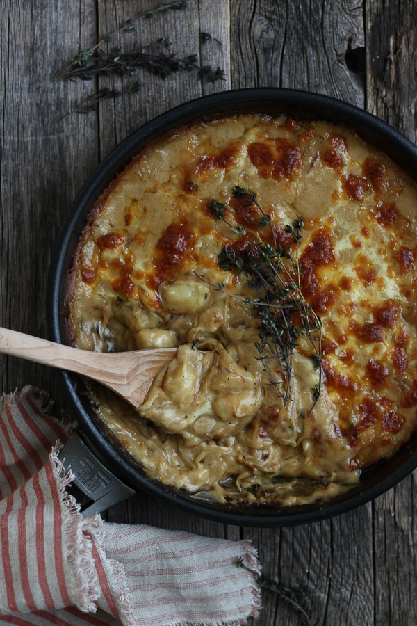 Skillet Cheesy French Onion Gnocchi Bake