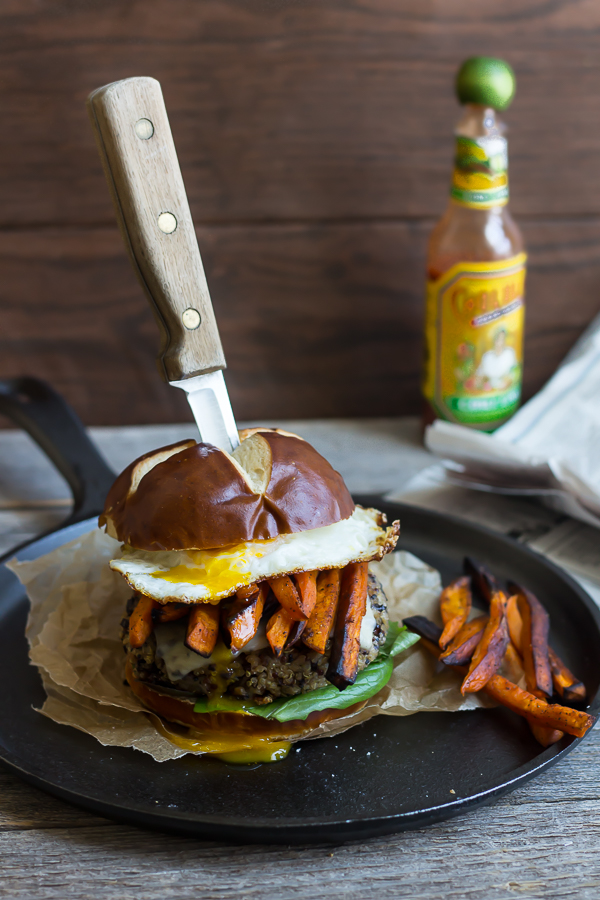 Black Bean Chili Quinoa Burgers with Garlic Sweet Potato Fries