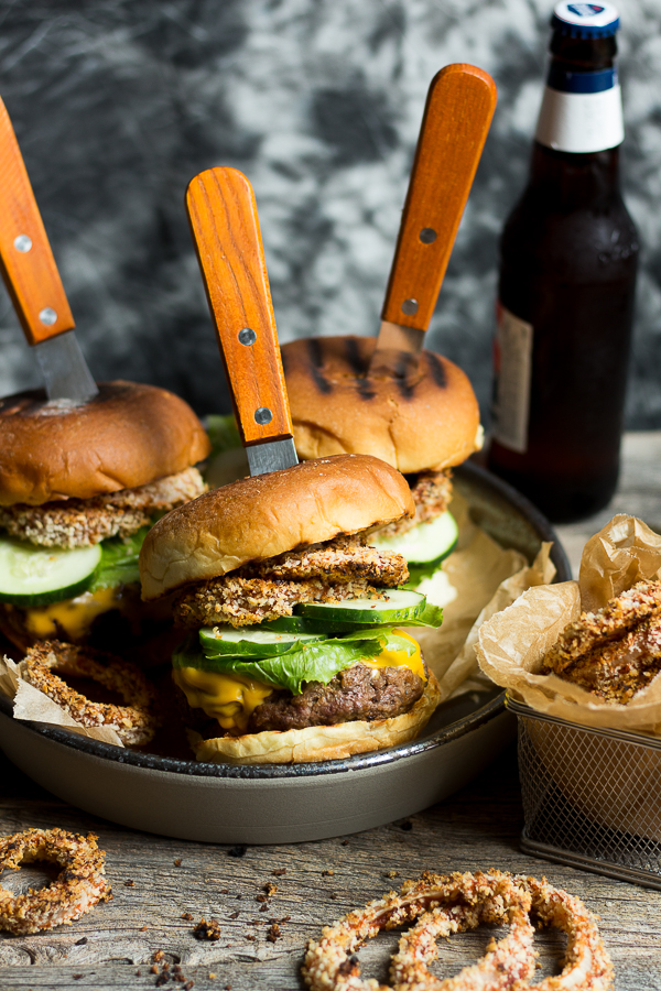 Beer-Braised Burgers with BBQ Baked Onion Rings (Burger Week Day 5)