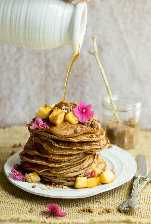 Simple Peach Cinnamon Streusel Pancakes.