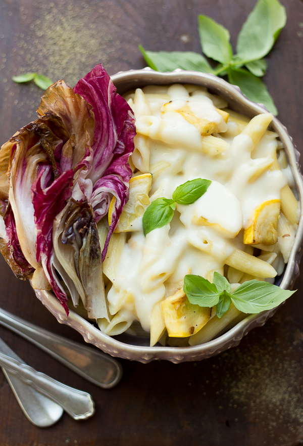 Summer Squash Mozzarella Penne Alfredo with Caramelized Radicchio (+ video)