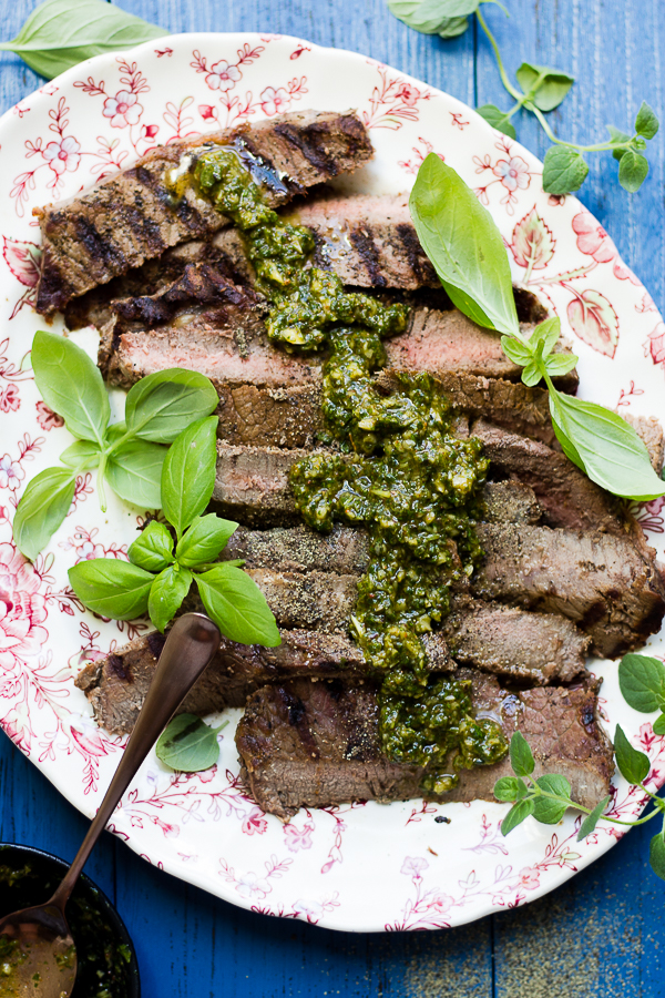 Skirt Steak Au Poivre with Chimichurri Sauce.