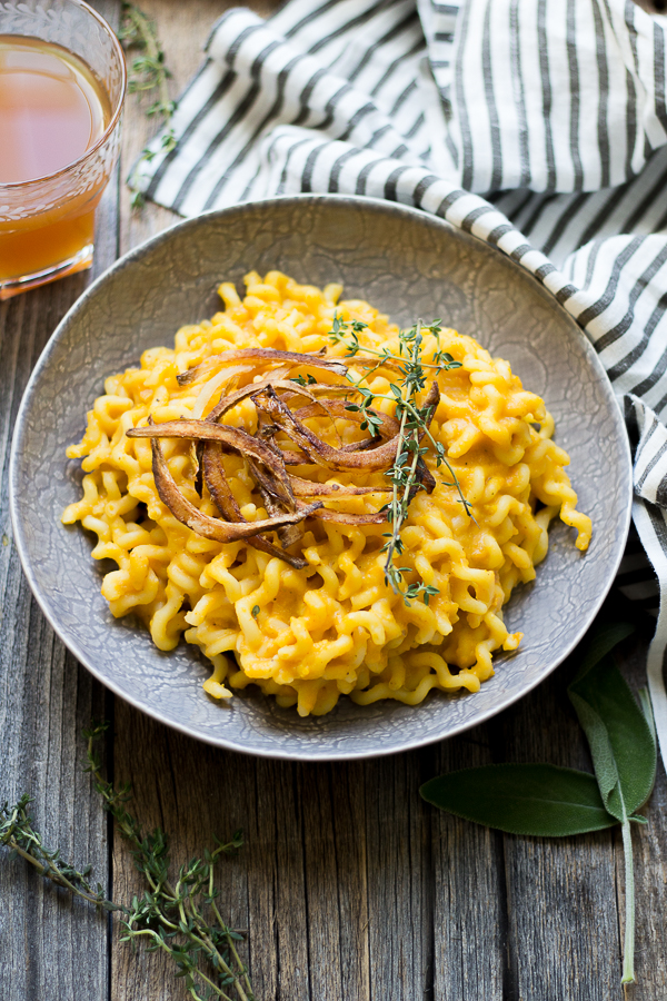 Creamy Butternut Squash Pasta with Crispy Onions and Thyme.