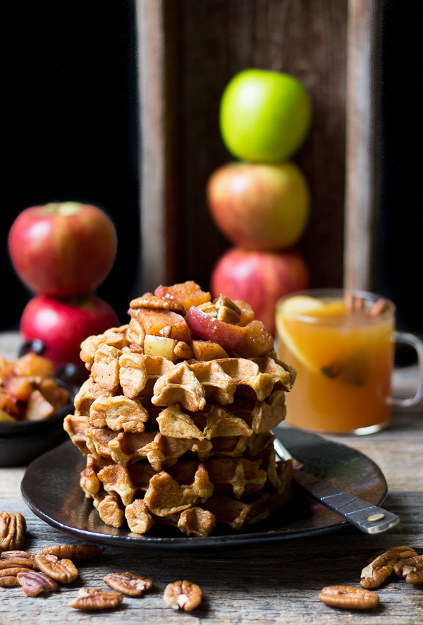 Double Apple Cider Cinnamon Waffles with Caramelized Pecan Apples.