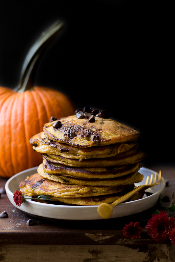 Healthy Pumpkin Chocolate Chip Pancakes.