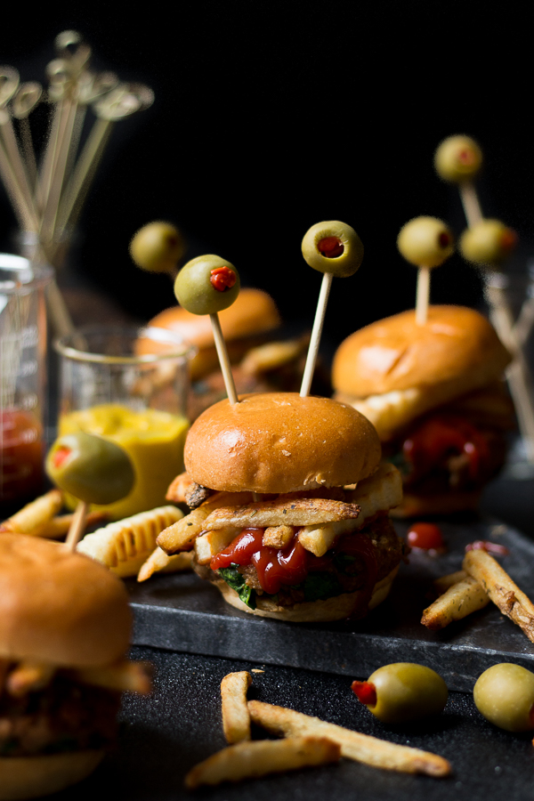 Mini Monster Pinto Bean Burgers.