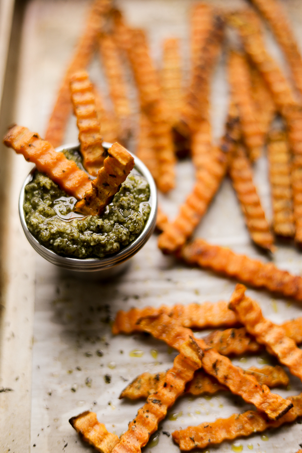 Baked Sweet Potato Fries with Chunky Basil Pesto.