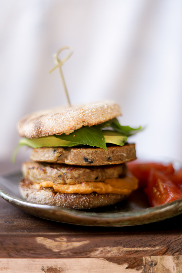 Green Onion Tuna Burgers with Roasted Red Pepper Hummus.