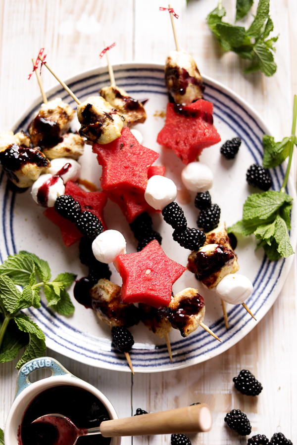 Blackberry Dijon Chicken Watermelon Skewers.