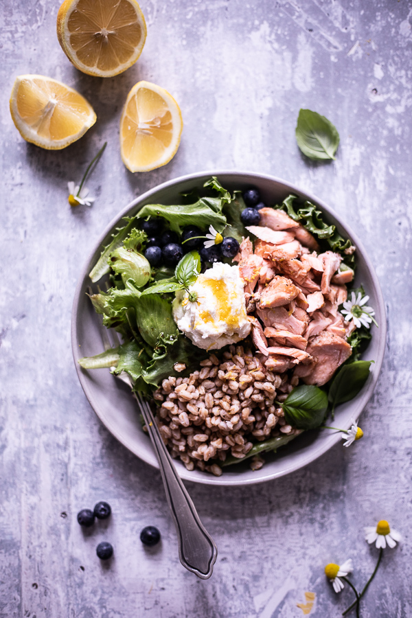 Salmon Farro Salad with Whipped Lemon Ricotta.